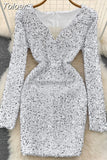 Sexy Women Sequins Glittering Mini Party Dress Elegant Mesh Patchwork V-neck Long Sleeve Slim Bodycon Club Velvet