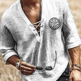 Halloween Costume Hippie Linen Shirt Casual Middle Sleeve V Neck Summer Loose Tee Tops Solid Color T Shirts 2021
