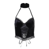Summer Sexy Vest Girl's Dark Lace Lace Suspender Neck Top-Outfit