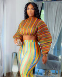 Colorful Striped Puff Sleeve Crop Top and Pants 2pc