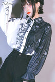 Women Skull Print Shirt Punk Style Black and White Patchwork Female Tops Spring Fashion Lantern Sleeve Button