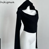 Black Tshirts for Women Crop Tops 2024 Shirts for Women Hooded Long Sleeve Tees Fashion Casual Sexy Y2k T Shirt 27u851-Outfit