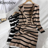 Korean Sweet Hit Color Patchwork Striped Spaghetti Strap Dress and V Neck Long Sleeve Cardigans 2 Pieces