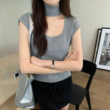 Sense Hanging Neck Shoulder Sleeveless Knitted Shirt Spring New Slim High Waist Short Vest Bottomed Blouse-Outfit