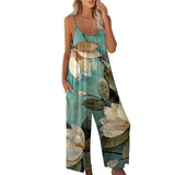 2023 Spaghetti Straps Backless Print Tie Big Wide Leg Pants Women Summer Overalls Jumpsuit Beach Rompers