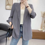 Women Fashion Loose Solid Long Sleeve Notched Thin Sunscreen Leisure All-match Korean Style Minimalist Summer