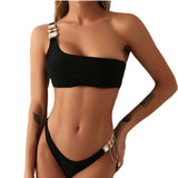 Toloer New Swimsuit Luxury Crystal Diamond Chain Female Split Swimsuit Plain Color One Shoulder Sexy