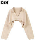 Apricot Brief Big Size Short Knitting Sweater Loose Fit V-Neck Long Sleeve Women Pullovers New Fashion Spring 2022