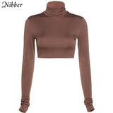 Basic Sheath Women Solid Turtleneck Tshirt Autumn Stretch Casual Undershirt Female All-match Street Activity Crop