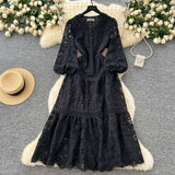 Fashion Dress Women 2025 Spring New French Waist Display Thin Hollow Hook Lace Leaves Side