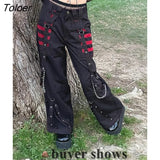 Gothic Chain Bandage Wide Leg Pants Women Oversize Low Rise Dark Academic Trousers Streetwear 90s Baggy Pant Punk