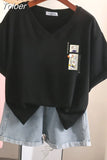 100% Cotton L-6XL T Shirt Plus Size Tshirt Short Sleeve Women Top Summer Japan Cartoon Print V Neck Oversized T