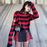 Gothic Punk Hole Stripe Tshirt Women Pastel Goth Fairy Grunge Harajuku Top Oversized Dark Aesthetic Emo alt