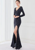 Winter Elegant Deep V Neck Long Sleeve Slit Cocktail Eevening