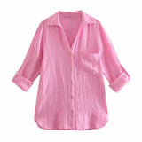 Women Solid Shirts Long Sleeve Turn Down Collar Solid Office Lady Shirts Candy Color Casual Loose Tops Chemise