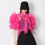 Casual Shirt For Women Bowknot Collar Half Sleeve Sheer Solid Button Through Blouse Female Fashion Clothing