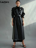 Lautaro Autumn Extra Long Oversized Black Faux Leather Trench Coat for Women Long Sleeve Belt Double Breasted Loose Fashion