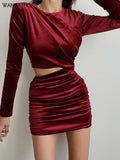 Velvet Bodycon Mini Dress Ruched Sexy Hollow Out Shrug Waist Women Long Sleeve O Neck Red Dresses For Woman Fall