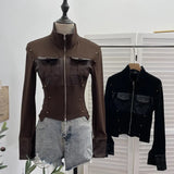 Modern Zipper Collar Spliced Pu Leather Shirt Babes Short Jacket Coat Fur Coat