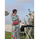 Autumn Winter New Women 2 PCS Sets Korean Sweet Chic Turn-Down Collar Print Shirts and Pleated Chiffon