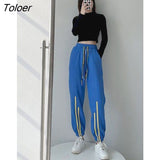 Casual Sweatpants Women Trousers Spring Autumn Vertical Strip Stitching Loose Cropped Pants Drawstring Leggings