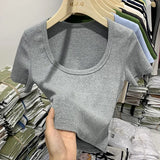 Desire Hot Girls Sexy U-Collar Collarbone Short Navel Chic Blouse Tight Elastic Short-Sleeved T-Shirt Women's Summer Ins Trend-Outfit