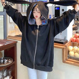 Thick Hoodies Women Autumn Winter Cute Rabbit Ears Zipper Cardigan Hooded Jacket Loose Korean Kawaii Hoodie Womens