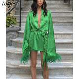 Deep V Neck Feather Mini Dress Sexy Long Sleeve Elegant Drawstring Green Party Dress Solid Casual Satin Vestidos