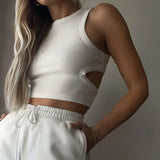 Women Casual Tank Crop Tops T-shirts Solid Color Hollow-Out Back Slim-Fit Sleeveless Crop Tops Women's Clothes-Outfit