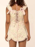 Floral Print Bow Cross Lacing up Back Corset Wood ears Crop Top + High Waist Ribbon Asymmetric Mini Skirt 2 pieces 1 set-Outfit