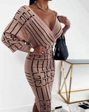 Print V-Neck Puff Sleeve Elegant Midi