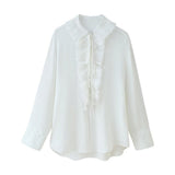 Women's Summer Folding V-Neck Folding Collar Trim With Chiffon Long-Sleeved Shirt Skirt