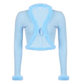 Ribbed Split Lace Up White Long Sleeve Cropped Tshirt Top Autumn Sexy Casual V Neck Tee Shirt Women