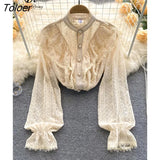 Elegant French Blouse Women Temperament Sweet Ruffles Loose Casual Tops Spring Long Sleeve Streetwear White