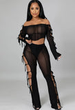 Sexy Hollow Out Bandage Off Shoulder Long Sleeve Crop Top and Pant