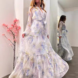 Women's Chiffon Print Dress Open Shirt Swing Belt Fashion Broken Flower Long