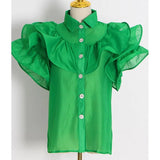 Casual Patchwork Ruffles Fashion Woman Blouses 2022 Lapel Short Sleeve Diamonds Button Through Shirts Female