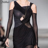 Fall Stacked Cut Out Hole Cotton Mini Dress Woman Chic Bare Shoulders Slim Strewear Gothic Casual Femme Patchwork