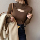 Hollow Out Pullover Women Sweaters Half Turtleneck Long Sleeve Knit Tops Elegant Jumper Autumn and Winter Clothes