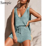 Summer Striped Beach Strap V Neck Two Piece Set Crop Top And Shorts Drawstring White 2 Piece Women Set Casual