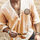 Halloween Costume Hippie Linen Shirt Casual Middle Sleeve V Neck Summer Loose Tee Tops Solid Color T Shirts 2021