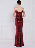 Vintage Strap Sleeveless Solid Sequined Mermaid Evening