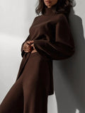 Women Knitted Two Piece Sets Solid High Collar Pullovers+Wide Legs Pants Irregular Suit 2022 Autumn Winter Fashion Loose