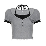 And Hot Wind Hit Color Fake Two Short-Sleeved T-Shirts Summer Butterfly Printed Wood Ear Slim Buckle All Match The Girl Of Clothes-Outfit