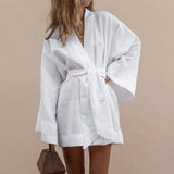 Women Long Blouses Spring Casual Bandage Cotton Linen Top Ladies Lace-up Loose Shirts Solid White Oversize Shirt