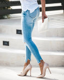 Women Jeans Casual Button Pocket Design Ripped Hole High Waist Denim