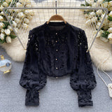 Retro Court Style Lace Shirt Female Retro High-End Round Collar Engraved Empty Hook Flower Top Female Minority Light Extravagance-Outfit