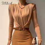 V Neck Long Sleeve T Shirt Women Brown Elegant Autumn Winter Sexy Top Shirts Casual Black 2021 Party With Shoulder