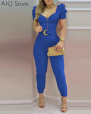 Women Plain Puffed Sleeve Jumpsuit With