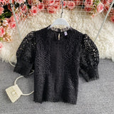 Mujer De Moda 2023 Vintage Puff Sleeve Blouses Hollow Out Crochet Floral Crop Tops Korean Summer Elegant Lace